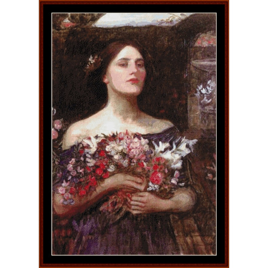 Counted Cross Stitch Pattern: Ophelia, 1908 by J.W. Waterhouse - Cross Stitch Collectibles - Framed portrait artwork of a woman holding a bouquet of flowers