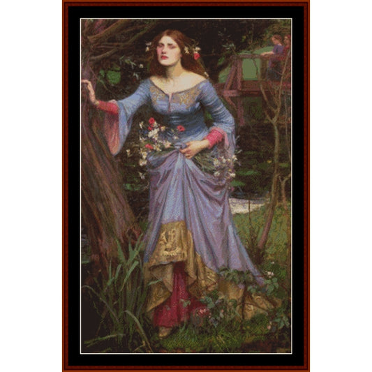 Counted Cross Stitch Pattern: Ophelia, 1910 by J.W. Waterhouse - Cross Stitch Collectibles - A framed vintage-style painting depicting a woman in a flowing lavender and gold dress standing in a lush garden