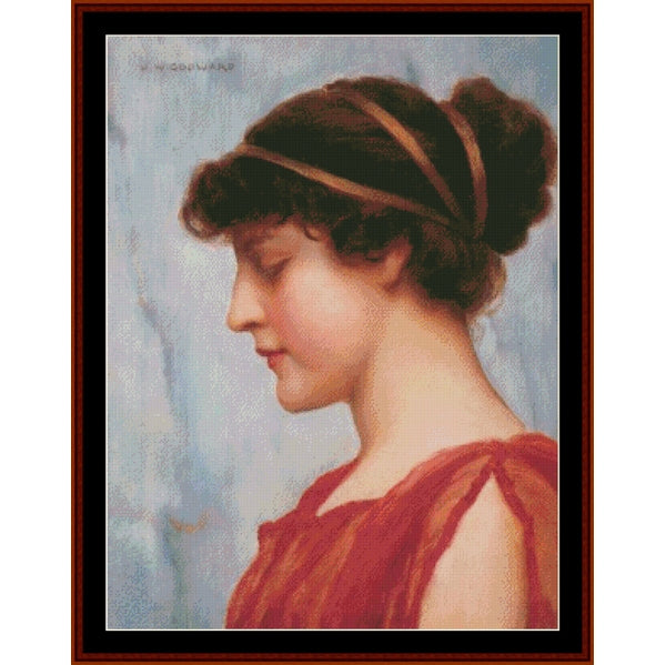 Counted Cross Stitch Pattern: Ophelia by J.W. Godward - Cross Stitch Collectibles - A framed vintage portrait painting of a woman in profile, wearing a red dress and a dark headband