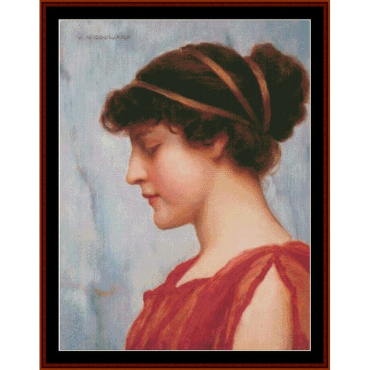 Counted Cross Stitch Pattern: Ophelia by J.W. Godward - Cross Stitch Collectibles - A framed vintage portrait painting of a woman in profile, wearing a red dress and a dark headband