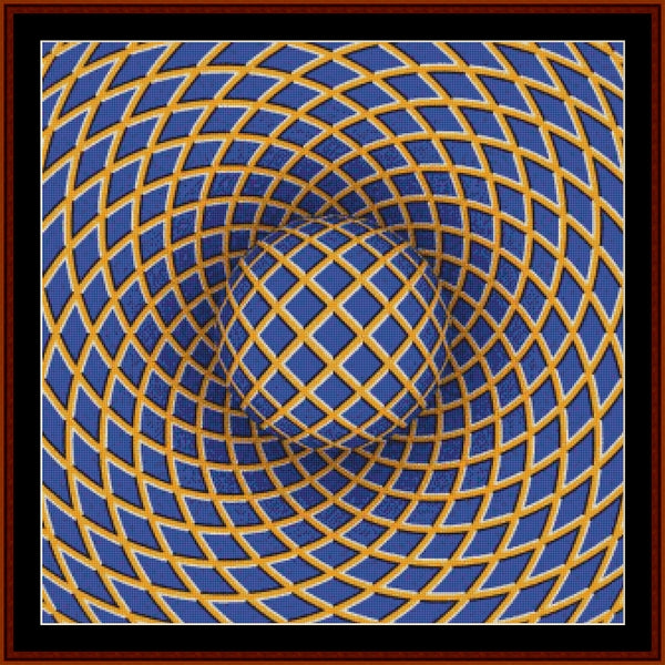 Counted Cross Stitch Pattern: Optical Illusion 10 - Cross Stitch Collectibles - An abstract square artwork featuring a blue background with a golden geometric lattice pattern that creates a 3D optical illusion effect