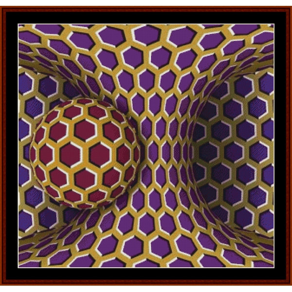 Counted Cross Stitch Pattern: Optical Illusion #1 - Cross Stitch Collectibles - A square abstract artwork featuring a purple and gold geometric honeycomb pattern with a red and purple hexagonal sphere on the left