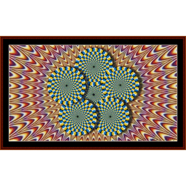 Counted Cross Stitch Pattern: Optical Illusion 2 - Cross Stitch Collectibles - A framed square art print featuring a psychedelic optical illusion design with five central spiral patterns in blue, yellow, and green, surrounded by radiating wavy stripes in multiple colors