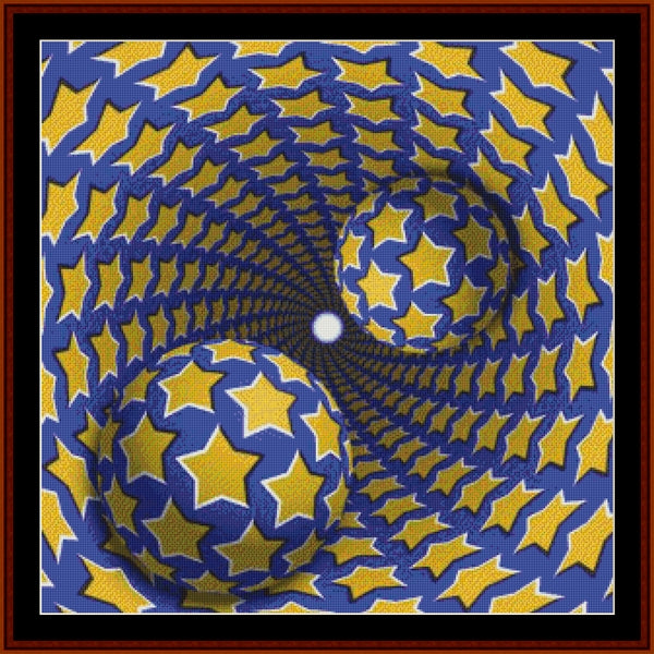 Counted Cross Stitch Pattern: Optical Illusion 7 - Cross Stitch Collectibles - An optical illusion art print featuring yellow stars on a blue wavy background that creates a swirling tunnel effect