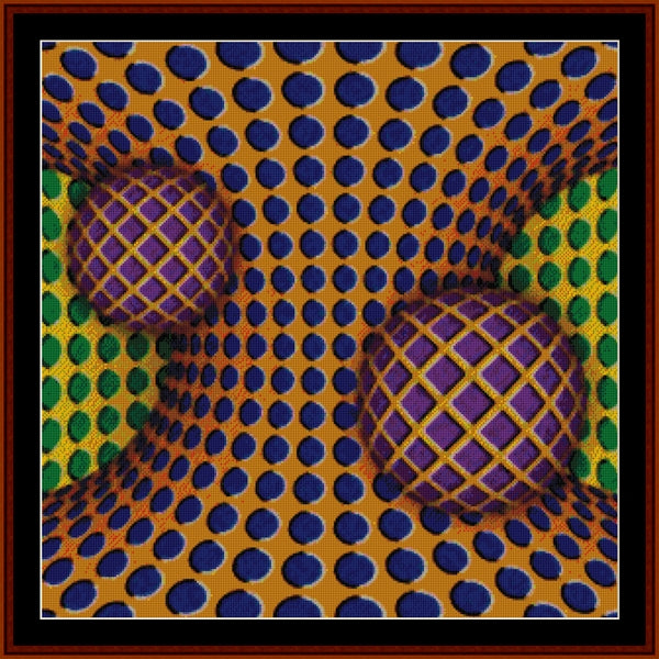 Counted Cross Stitch Pattern: Optical Illusion 9 - Cross Stitch Collectibles - A square abstract artwork with a psychedelic optical illusion pattern, featuring purple spheres with diamond lattice textures on a wavy orange background with blue and green dots