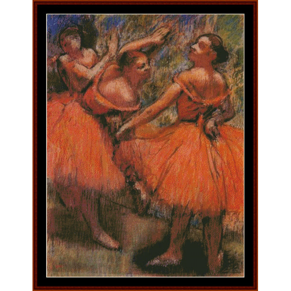 Counted Cross Stitch Pattern: Orange Ballet Skirts by Edgar Degas - Cross Stitch Collectibles - A framed art print featuring a pastel-style painting of three ballerinas in bright orange and red dresses