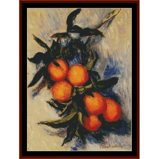 Counted Cross Stitch Pattern: Orange Branch by Claude Monet - Cross Stitch Collectibles - A framed still life painting depicting a cluster of bright orange fruits on a leafy branch, rendered in an impressionistic style with blue shadows on a beige background.