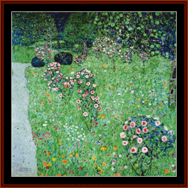 Counted Cross Stitch Pattern: Orchard with Roses by Gustav Klimt - Cross Stitch Collectibles - A framed impressionist-style garden painting with a lush green lawn, colorful wildflowers, trees, and a pale path.