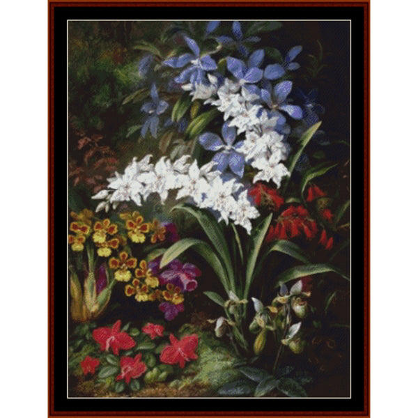 Counted Cross Stitch Pattern: Orchids on Forest Floor by Albert Durer Lucas - Cross Stitch Collectibles - A framed floral art print featuring blue, white, red, yellow, and purple flowers with green leaves against a dark background