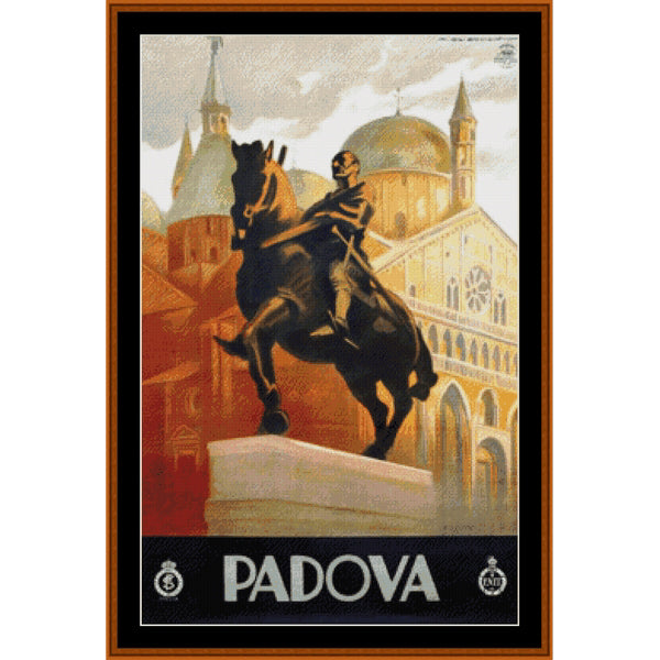 Counted Cross Stitch Pattern: Padova, Vintage Poster - Cross Stitch Collectibles - A vintage-style Padova travel poster featuring a dark equestrian statue in the foreground, with warm-toned buildings and domes in the background. The word "PADOVA" appears in large white letters on a black band at the bottom