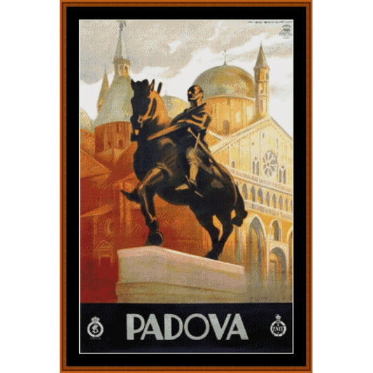Counted Cross Stitch Pattern: Padova, Vintage Poster - Cross Stitch Collectibles - A vintage-style Padova travel poster featuring a dark equestrian statue in the foreground, with warm-toned buildings and domes in the background. The word "PADOVA" appears in large white letters on a black band at the bottom