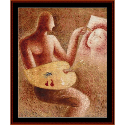 Counted Cross Stitch Pattern: Painter, 1934 by Mikulas Galanda- Cross Stitch Collectibles - A framed art print featuring a stylized painting of a nude figure holding a palette and painting a woman's face