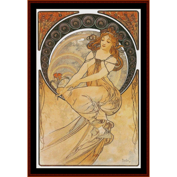 Counted Cross Stitch Pattern: Painting by Alphonse Mucha - Cross Stitch Collectibles - An Art Nouveau style art print featuring a flowing female figure in warm beige, gold, and orange tones