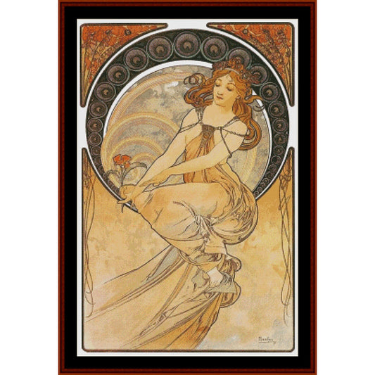 Counted Cross Stitch Pattern: Painting by Alphonse Mucha - Cross Stitch Collectibles - An Art Nouveau style art print featuring a flowing female figure in warm beige, gold, and orange tones