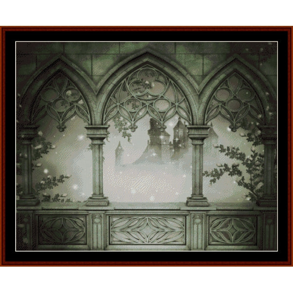Counted Cross Stitch Pattern: Palace Interior, Fantasy - Cross Stitch Collectibles - A framed gothic-themed artwork featuring three arched stone windows with a misty castle in the distance