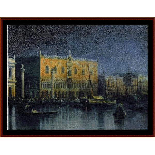 Counted Cross Stitch Pattern: Palace in Venice by Moonlight by Ivan Aivazovsky - Cross Stitch Collectibles - A framed art print depicting a Venetian canal scene at night, featuring the Doge's Palace, gondolas, and boats under a dark, textured sky.