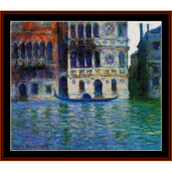 Counted Cross Stitch Pattern: Palazzo Dario by Claude Monet - Cross Stitch Collectibles - An impressionist-style painting of a Venice canal scene with historic buildings and a gondolaborder.