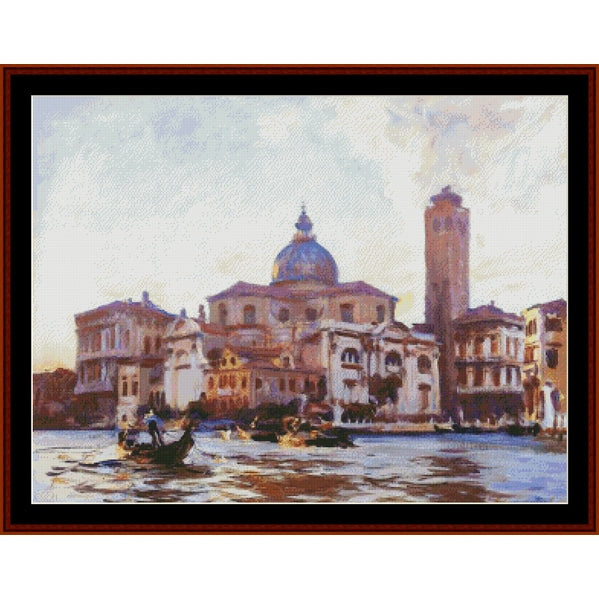Counted Cross Stitch Pattern: Palazzo Labbia, Venice by J.S. Sargent - Cross Stitch Collectibles - Framed canvas print of an impressionist painting depicting a Venetian canal scene with historic buildings, a dome, and gondolas on the water