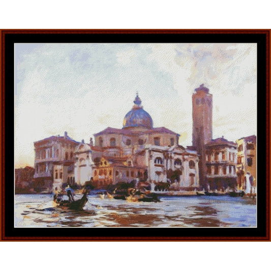 Counted Cross Stitch Pattern: Palazzo Labbia, Venice by J.S. Sargent - Cross Stitch Collectibles - Framed canvas print of an impressionist painting depicting a Venetian canal scene with historic buildings, a dome, and gondolas on the water