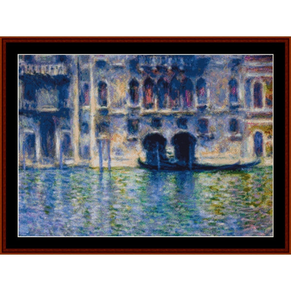 Counted Cross Stitch Pattern: Palazzo da Mula, Venice by Claude Monet - Cross Stitch Collectibles - Framed impressionist-style painting of a canal scene with a gondola, featuring blue, green, and white brushstrokes