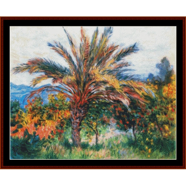 Counted Cross Stitch Pattern: Palm Tree at Bordighera by Claude Monet - Cross Stitch Collectibles - Framed impressionist landscape painting featuring a palm tree surrounded by colorful foliage and distant mountains