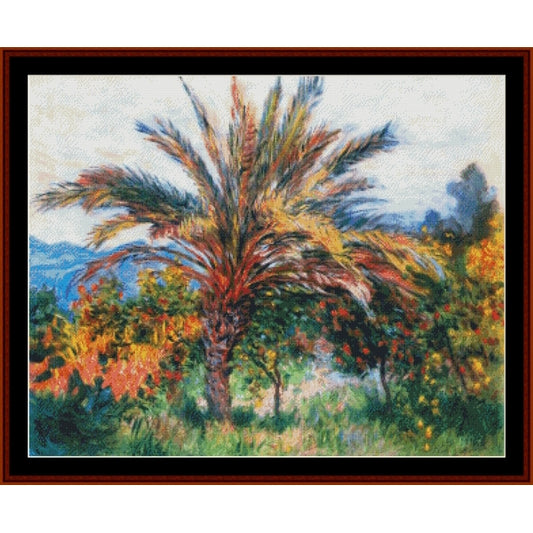 Counted Cross Stitch Pattern: Palm Tree at Bordighera by Claude Monet - Cross Stitch Collectibles - Framed impressionist landscape painting featuring a palm tree surrounded by colorful foliage and distant mountains