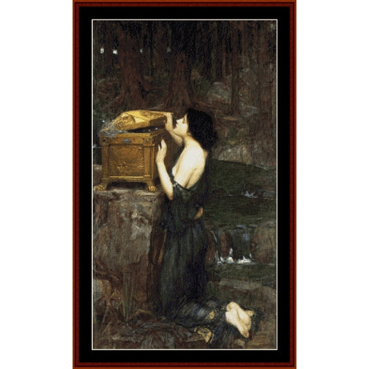 Counted Cross Stitch Pattern: Pandora, 1898 by J.W. Waterhouse - Cross Stitch Collectibles - A framed art print featuring a dark, moody painting of a woman kneeling beside a stone chest in a forest
