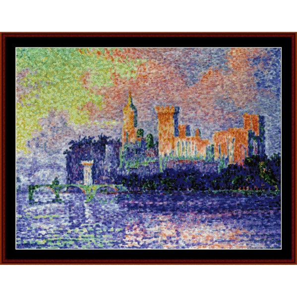 Counted Cross Stitch Pattern: Papal Palace, Avignon by Paul Signac - Cross Stitch Collectibles - A framed pointillist cityscape painting featuring a bridge over water with buildings and a bridge under a colorful sky