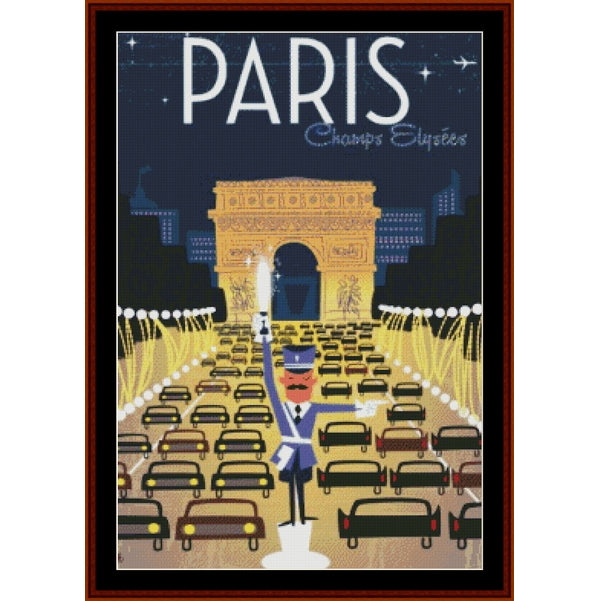 Counted Cross Stitch Pattern: Paris, Champs Elysees, Vintage Poster - Cross Stitch Collectibles - A framed vintage-style Paris travel poster with the word PARIS at the top, showing a nighttime scene with the Arc de Triomphe, rows of cars, and a conductor standing in the center.