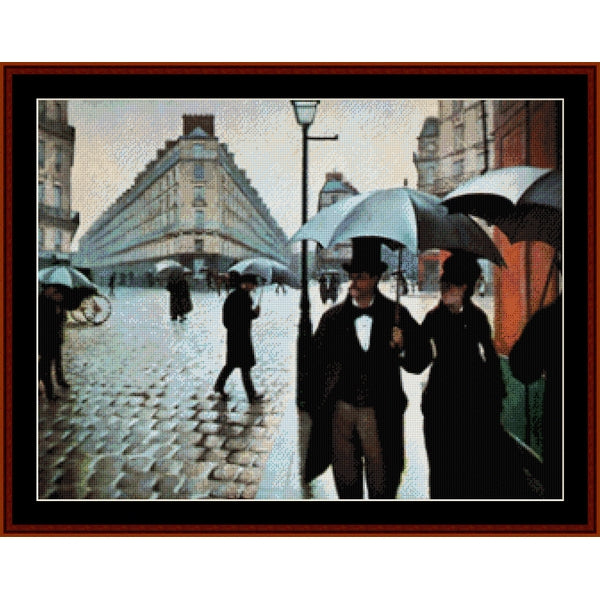 Counted Cross Stitch Pattern: Paris, Rainy Day by Gustave Caillebotte - Cross Stitch Collectibles - A framed art print depicting a rainy street scene with pedestrians holding umbrellas
