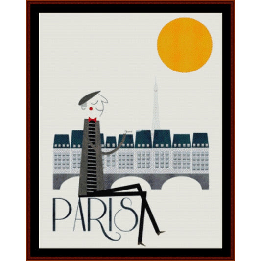 Counted Cross Stitch Pattern: Paris, Vintage Poster - Cross Stitch Collectibles - A framed art print featuring a stylized Paris scene with a seated figure in front of a row of buildings, a tall tower, and a large yellow sun on an off-white background. The word 'PARIS' appears at the bottom.