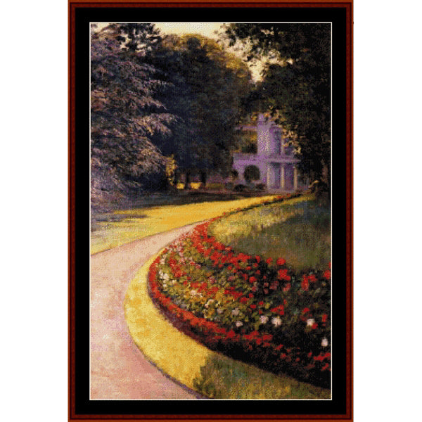 Counted Cross Stitch Pattern: Park at Yerres by Gustave Caillebotte - Cross Stitch Collectibles - A framed garden art print depicting a winding yellow path through a lush green park with red flowerbeds and a distant white building