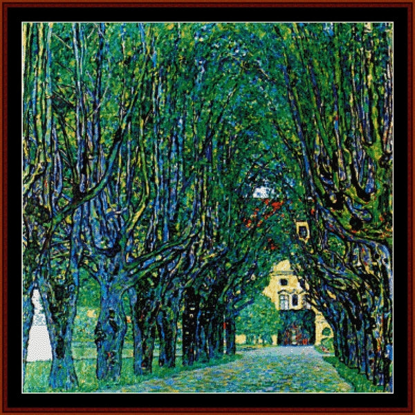 Counted Cross Stitch Pattern: Park by Gustav Klimt - Cross Stitch Collectibles - A framed art print depicting a lush green and blue tree-lined path leading to a distant yellow house