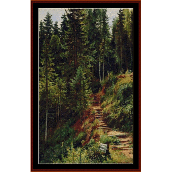 Counted Cross Stitch Pattern: Path in the Forest by Ivan Shishkin - Cross Stitch Collectibles - Framed landscape art print depicting a dense pine forest with a stone staircase winding up a grassy hill