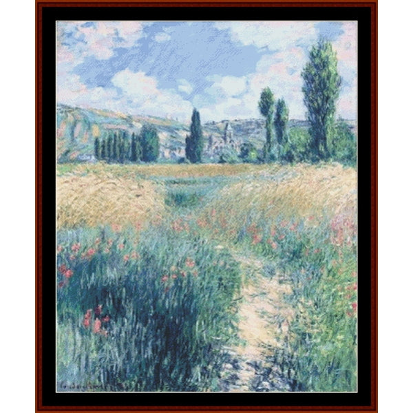 Counted Cross Stitch Pattern: Path on the Ile Saint Martin by Claude Monet - Cross Stitch Collectibles - Framed impressionist landscape painting depicting a sunlit path through a grassy field with wildflowers, trees, and distant hills under a blue sky