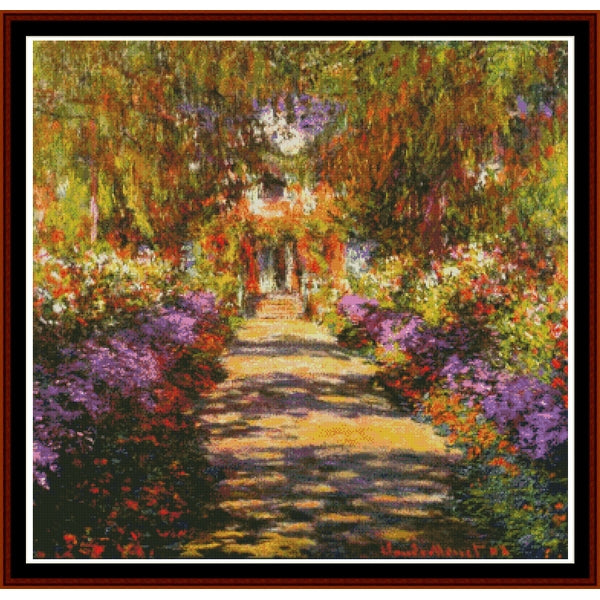 Counted Cross Stitch Pattern: Pathway in Monet's Garden by Claude Monet - Cross Stitch Collectibles - Impressionist-style garden scene artwork showing a sunlit path leading to a small white structure, surrounded by dense greenery, purple flowers, and warm orange-red blossoms