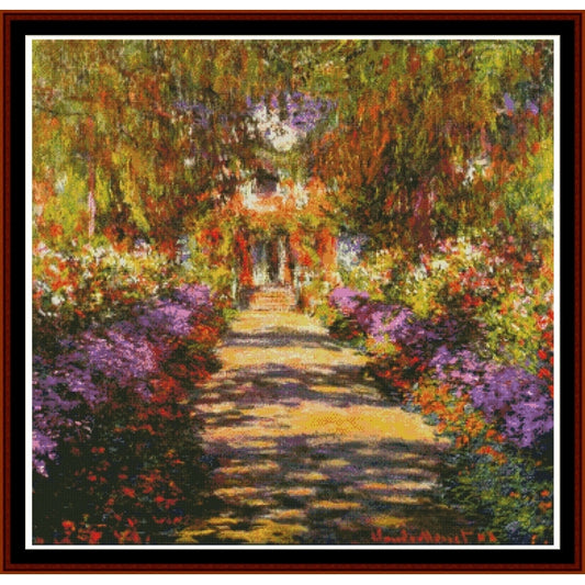 Counted Cross Stitch Pattern: Pathway in Monet's Garden by Claude Monet - Cross Stitch Collectibles - Impressionist-style garden scene artwork showing a sunlit path leading to a small white structure, surrounded by dense greenery, purple flowers, and warm orange-red blossoms