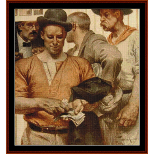 Counted Cross Stitch Pattern: Pay Day by J.C. Leyendecker - Cross Stitch Collectibles - A framed vintage-style artwork depicting several men in historical clothing, with the central figure in an orange-brown shirt counting money while wearing a dark bowler hat. 