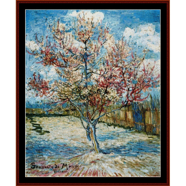 Counted Cross Stitch Pattern: Peach Tree in Blossom by Vincent Van Gogh - Cross Stitch Collectibles - Framed impressionist painting of a flowering tree in a park under a blue sky