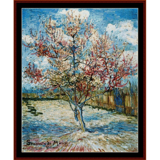 Counted Cross Stitch Pattern: Peach Tree in Blossom by Vincent Van Gogh - Cross Stitch Collectibles - Framed impressionist painting of a flowering tree in a park under a blue sky