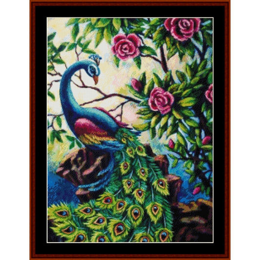 Counted Cross Stitch Pattern: Peacock Garden, Fantasy - Cross Stitch Collectibles - A framed decorative artwork showing a peacock with a bright green and blue tail, surrounded by pink roses and green leaves