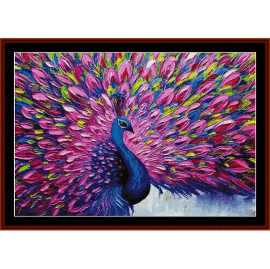 Counted Cross Stitch Pattern: Peacock Plumes - Cross Stitch Collectibles - A framed painting of a peacock with a vibrant, fan-shaped tail of pink, purple, blue, and green feathers