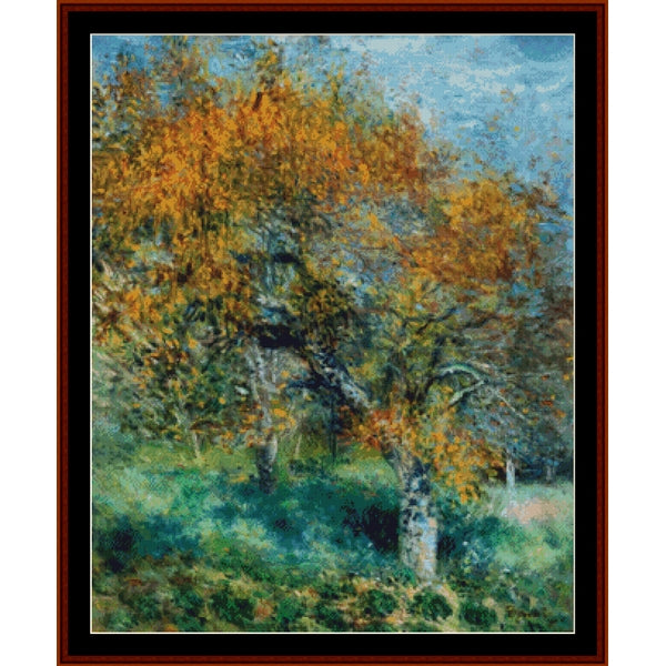 Counted Cross Stitch Pattern: Pear Tree by Pierre Auguste Renoir - Cross Stitch Collectibles - Impressionist-style landscape painting of autumn trees with golden-yellow foliage, green grass, and a blue sky