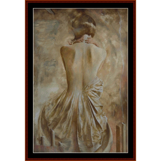 Counted Cross Stitch Pattern: Pearl, Fantasy - Cross Stitch Collectibles - Framed art print featuring a classical painting of a woman seen from behind, wearing a flowing light-colored dress