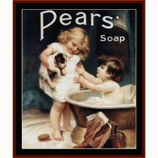 Counted Cross Stitch Pattern: Pears Soap, Vintage Poster - Cross Stitch Collectibles - Vintage Pears' Soap advertisement print featuring two children, one holding a small dog and the other in a bathtub, with the Pears' Soap logo at the top.