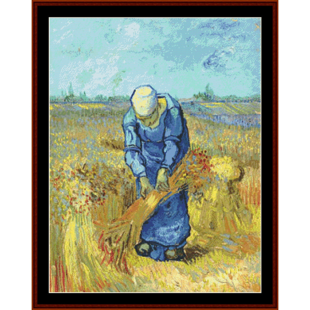 Counted Cross Stitch Pattern: Peasant Woman Binding Sheaves by Vincent Van Gogh - Cross Stitch Collectibles - A framed art print depicting Vincent van Gogh's 'The Sower' painting, showing a peasant in a blue dress sowing a bundle of wheat in a golden field under a light blue sky