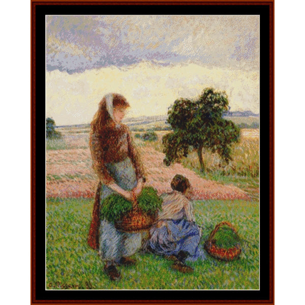 Counted Cross Stitch Pattern: Peasant Women with Baskets by Camille Pissarro - Cross Stitch Collectibles - A framed impressionist-style painting depicting a woman standing in a field with a basket of green vegetables and a seated child beside another basket
