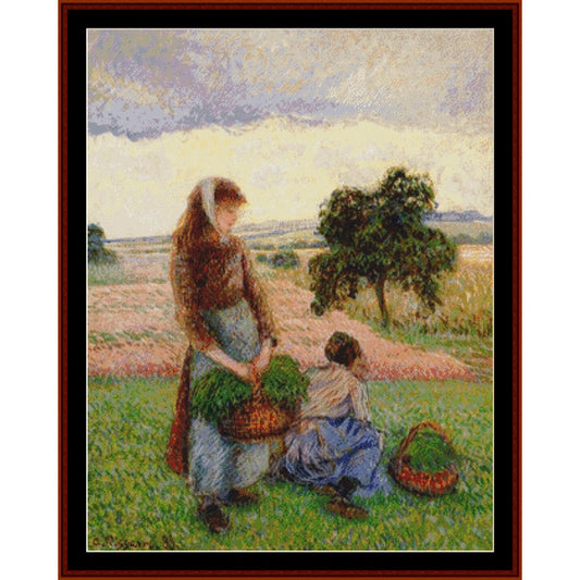 Counted Cross Stitch Pattern: Peasant Women with Baskets by Camille Pissarro - Cross Stitch Collectibles - A framed impressionist-style painting depicting a woman standing in a field with a basket of green vegetables and a seated child beside another basket