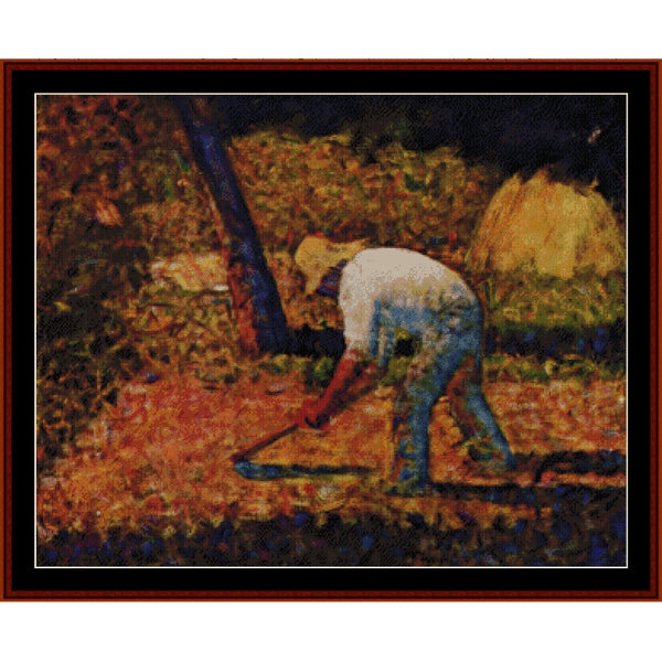 Counted Cross Stitch Pattern: Peasant with Hoe by Georges Seurat - Cross Stitch Collectibles - A framed art print depicting a painterly scene of a person in a white shirt and blue pants bending over in a field, with warm orange-brown earth and dark foliage.