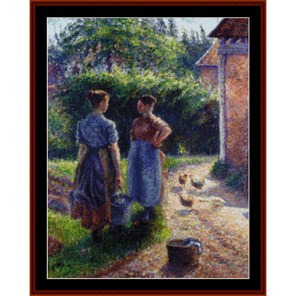 Counted Cross Stitch Pattern: Peasants Chatting by Camille Pissarro - Cross Stitch Collectibles - A framed impressionist-style painting depicting two women standing outdoors near a building, with trees, sunlight, and chickens in the scene.